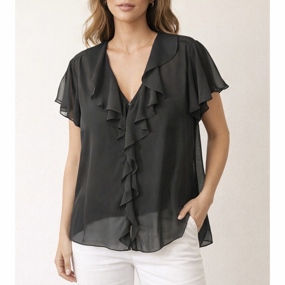 Chaps Ruffle Sheer Blouse Elegant Party Career Black Split Flutter‎ Sleeve 20W